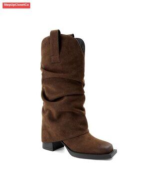 Faux Suede Fold Over Boots Square Toe Chunky Block Heel Mid Calf Western